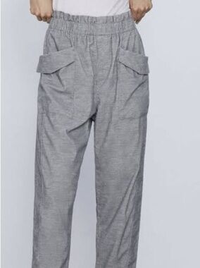 Zara| Light Grey Elastic-Waist Straight  Leg Paperbag Ankle Corduroy Pants Sz S